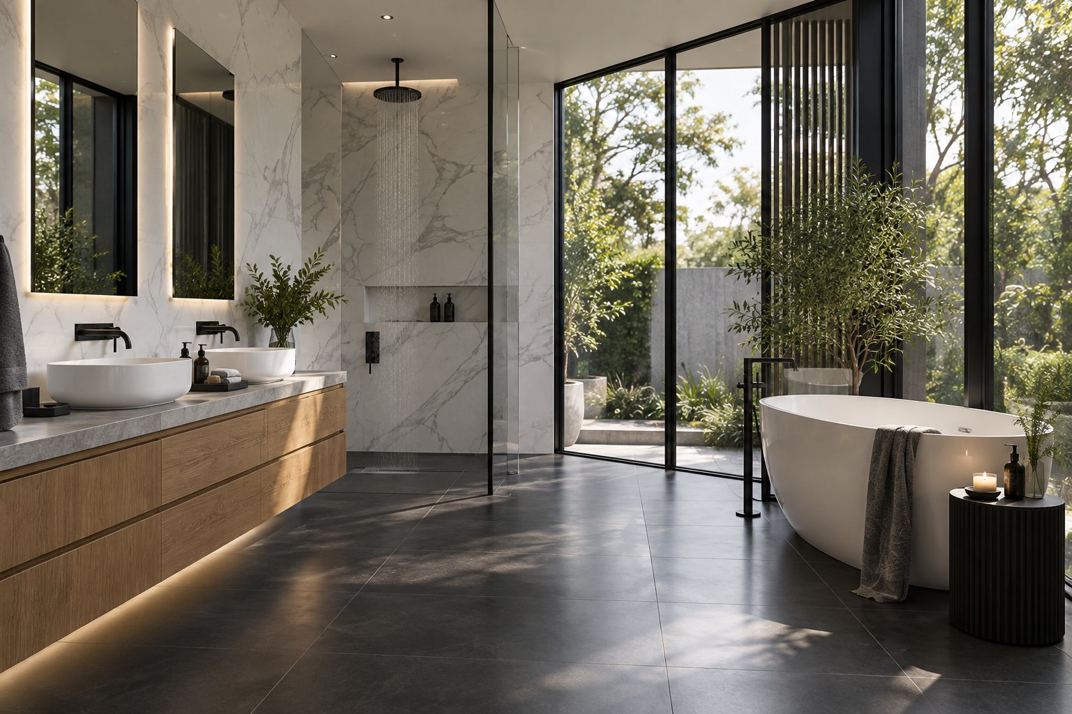 Ensuite with a timber double vanity, a marble shower and a freestanding bath beside floor-to-ceiling glass to the garden