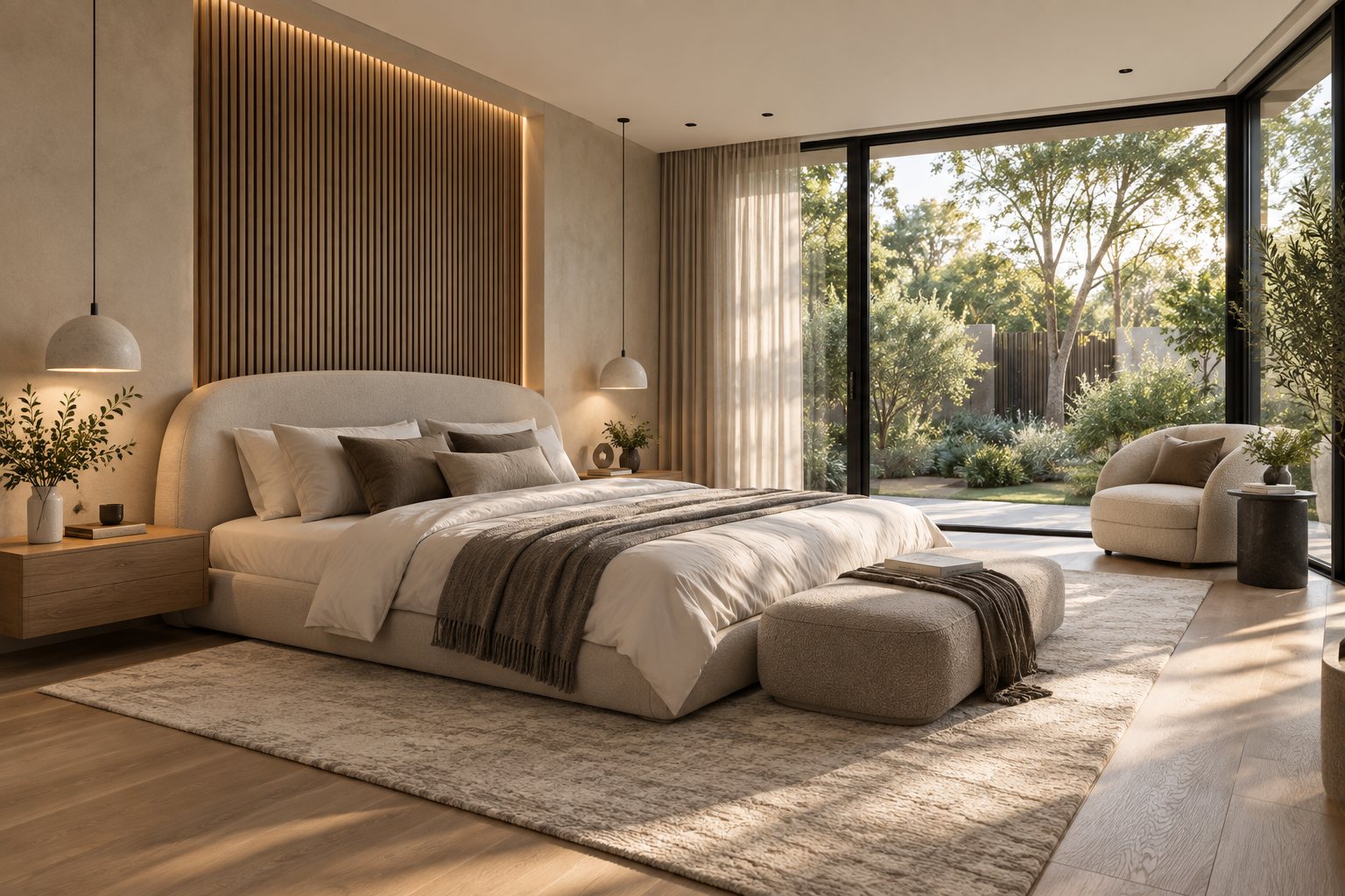 Bedroom with a curved bed against a timber-slat wall, beside floor-to-ceiling glass to the garden