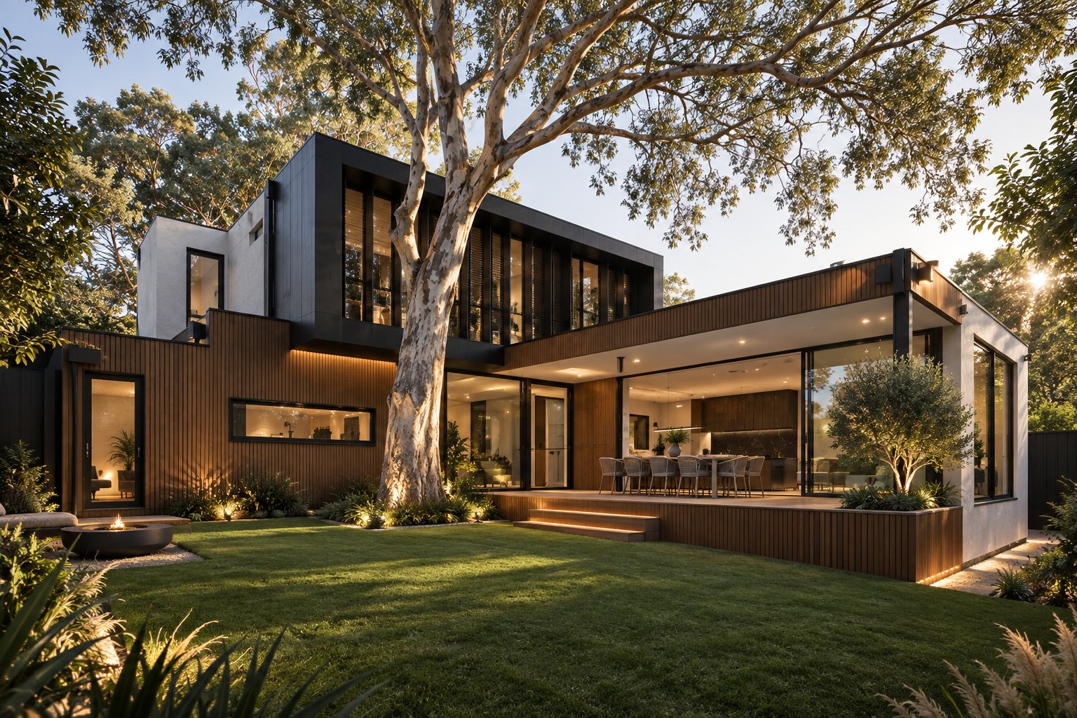 The house in warm evening light, seen across the lawn beneath the gum tree