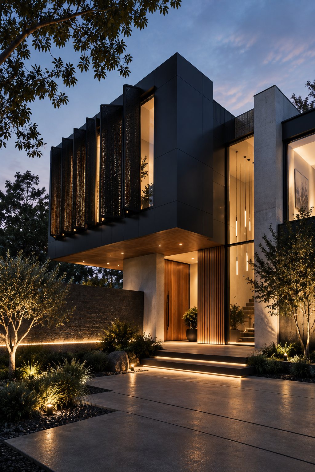Dark-clad upper floor with perforated metal screens above a timber front door, lit at dusk