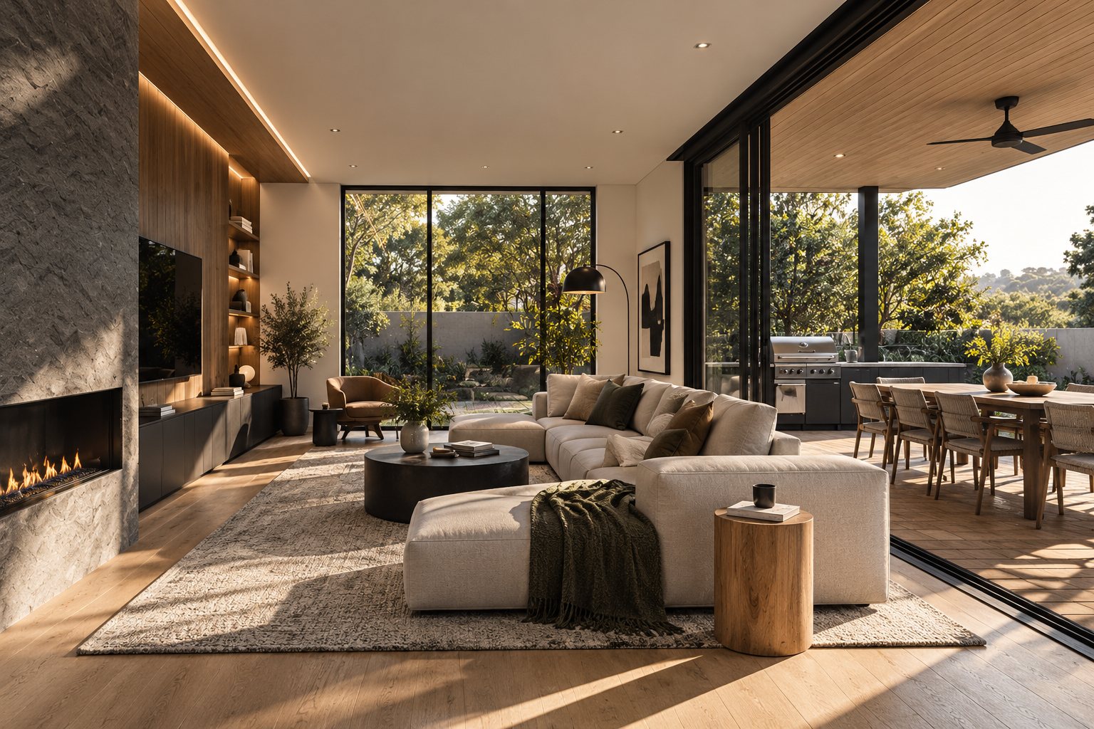 Living room with a stone fireplace wall, opening through sliding glass onto a covered terrace with a dining table