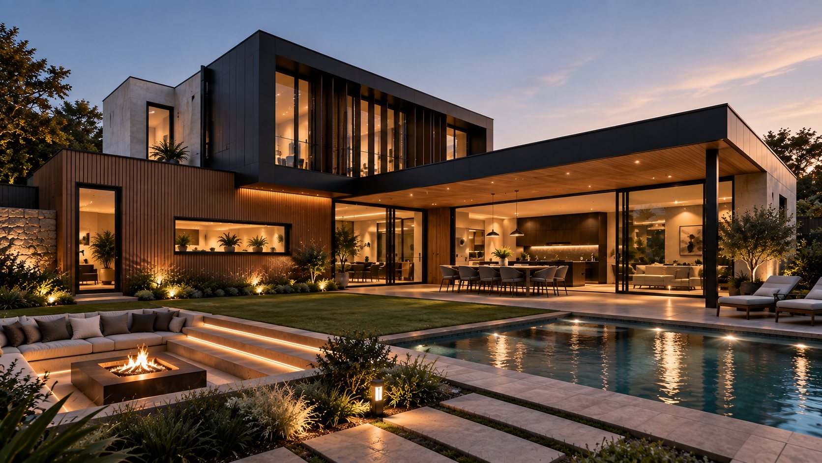 Two-storey timber and dark-clad house at dusk, its glazed terrace open to a lawn, pool and sunken fire pit