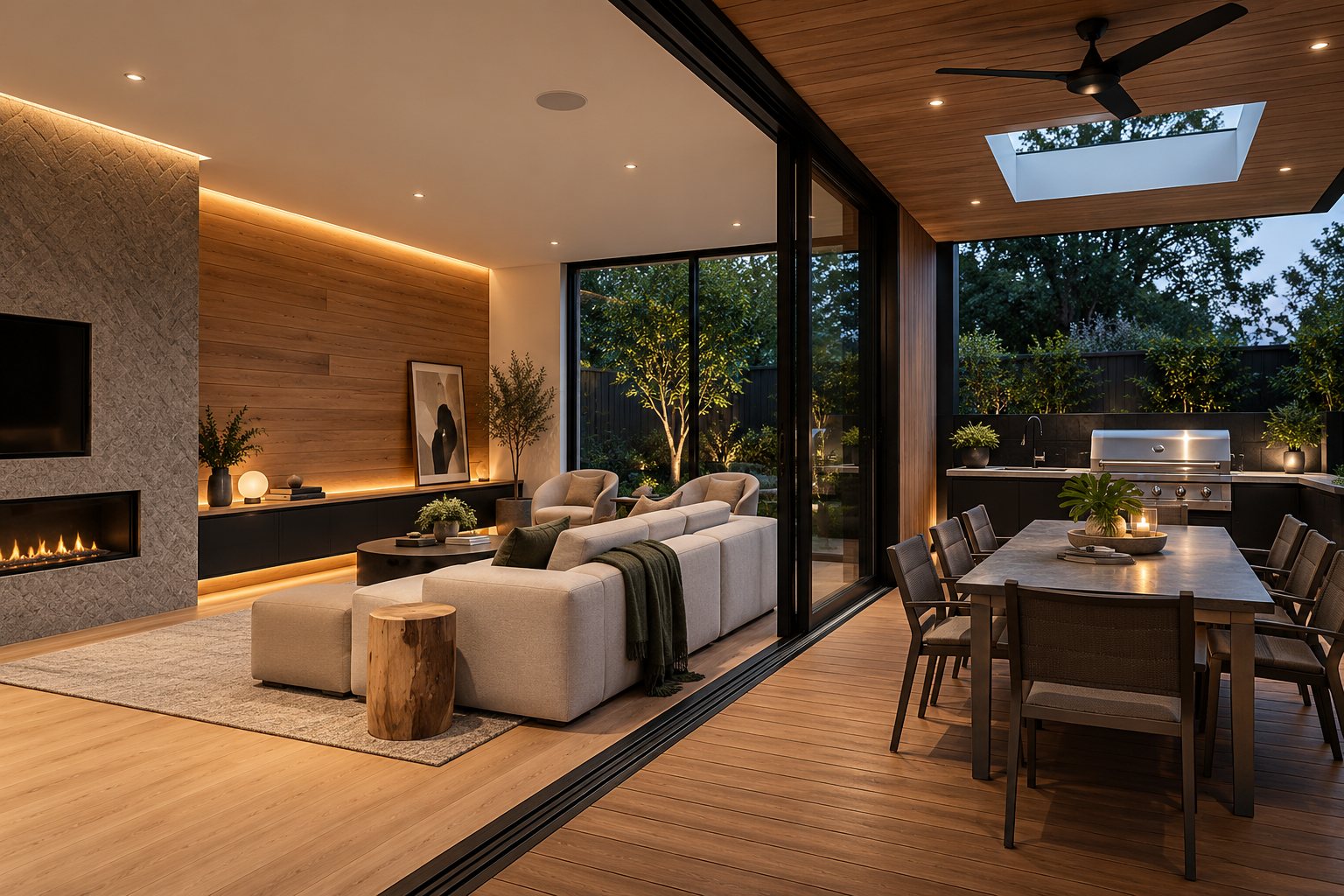 Living room with a timber-panelled wall and stone fireplace, opening onto a covered terrace with a dining table at dusk