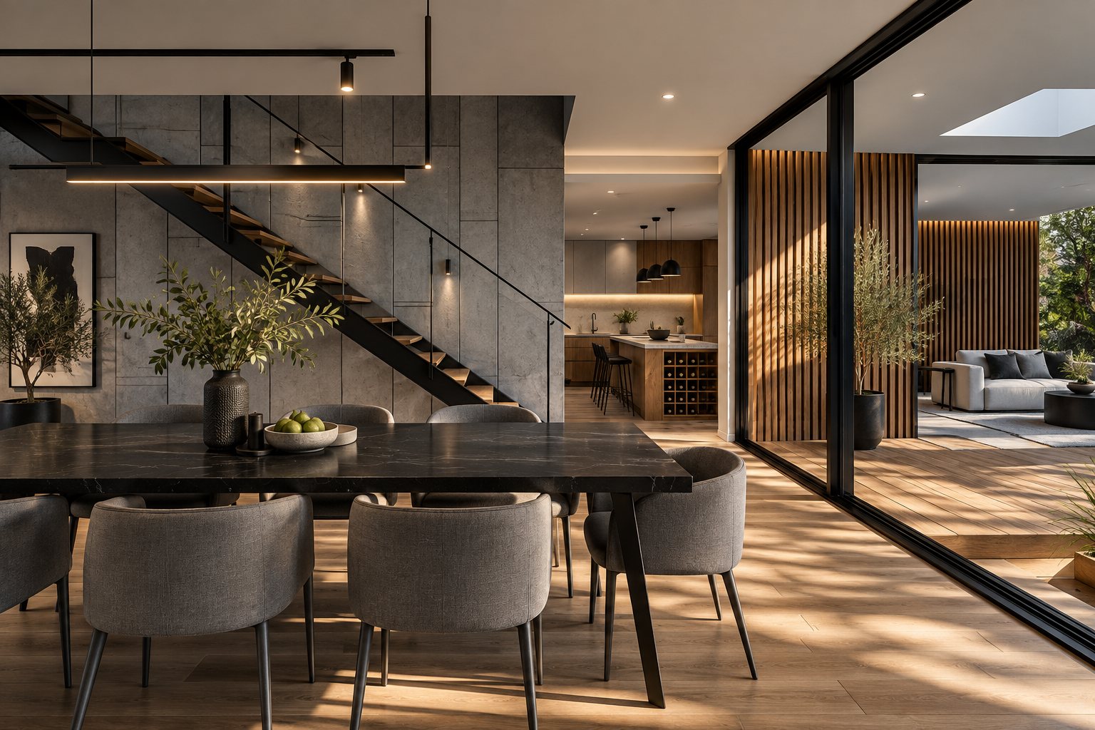 Dark stone dining table beside a steel staircase and a concrete-panelled wall, with the kitchen beyond