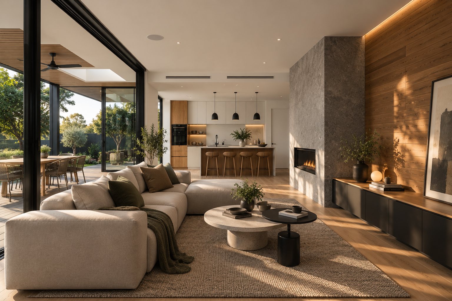 Open living room with a timber-panelled wall and stone fireplace, the kitchen beyond and glass doors to the terrace