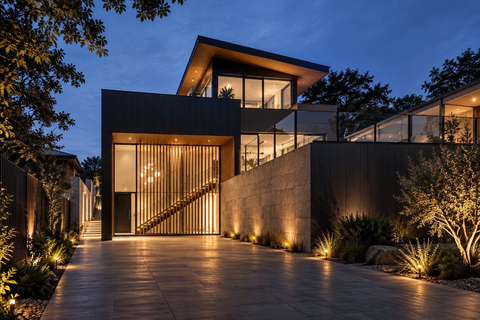 The house at night, its timber stair glowing behind vertical slats beneath a dark-clad upper floor