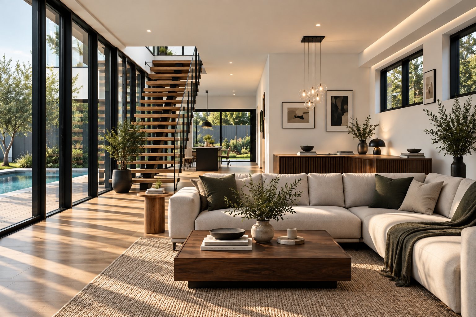 Living room with an open timber staircase and full-height glazing, the pool beyond