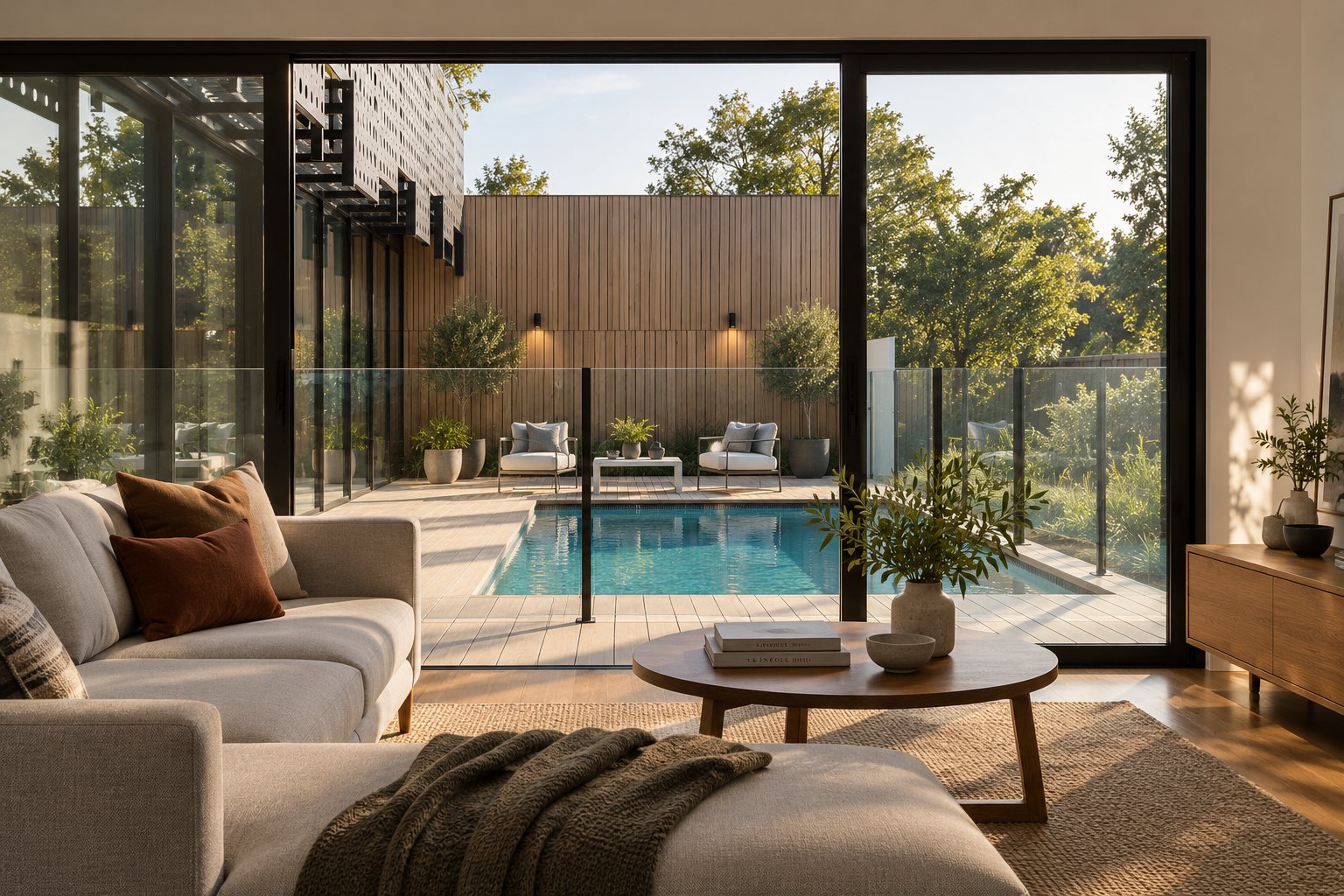 Living room opening through sliding glass onto the pool, with a timber-screened terrace beyond