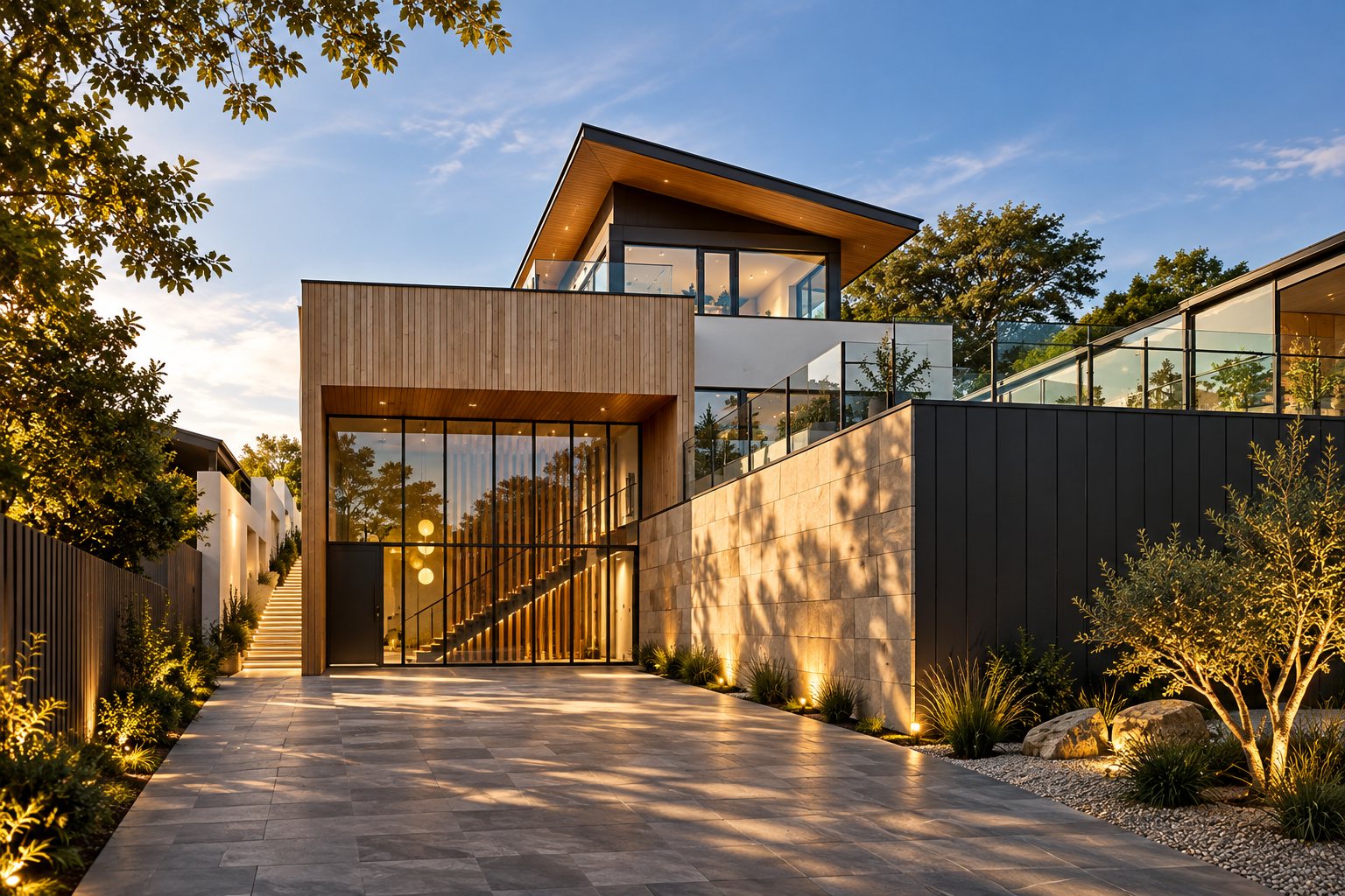 Timber-clad house with a glazed stair hall and a raised upper storey, in late afternoon sun