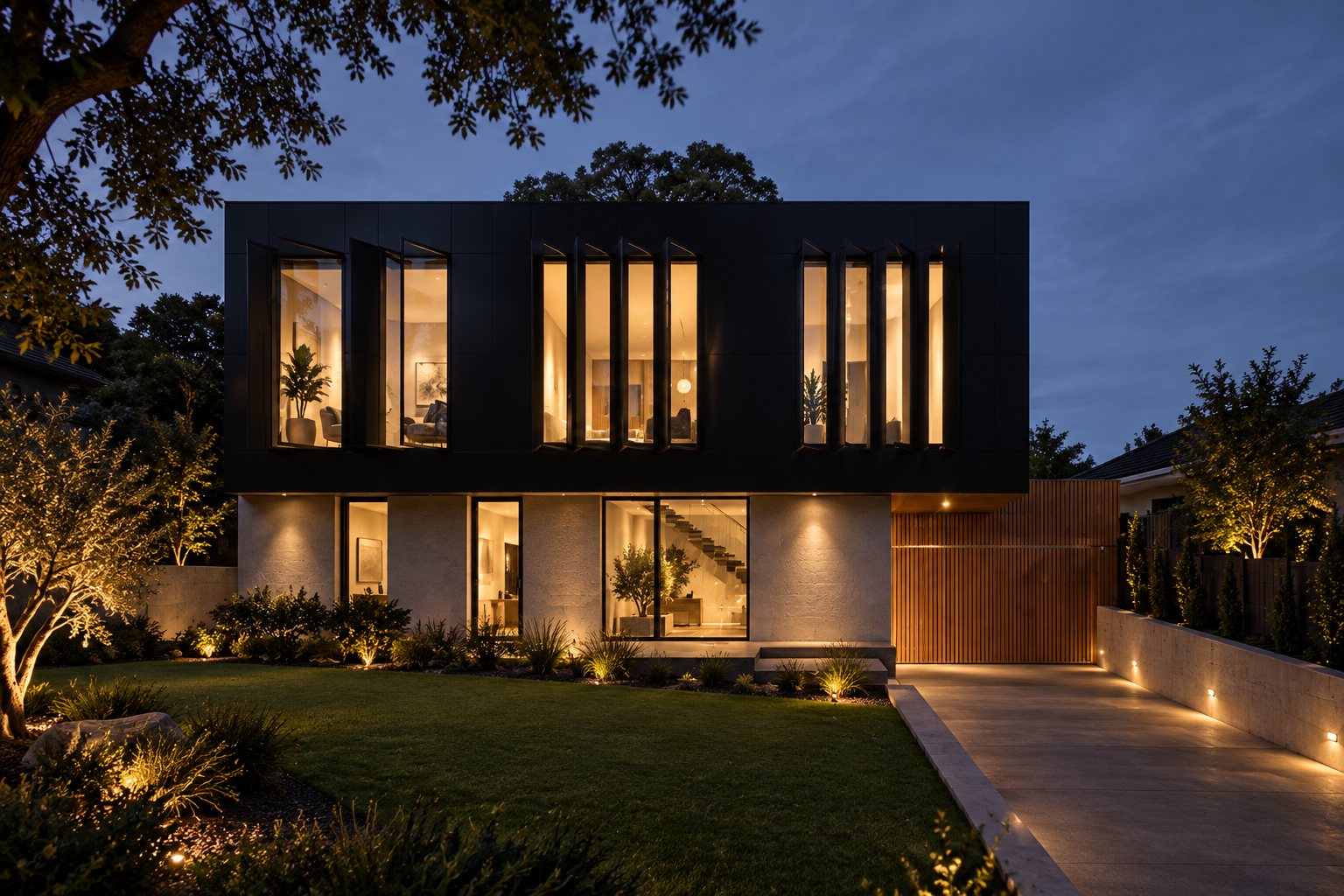 Dark-clad house with tall lit windows above a pale stone ground floor at dusk