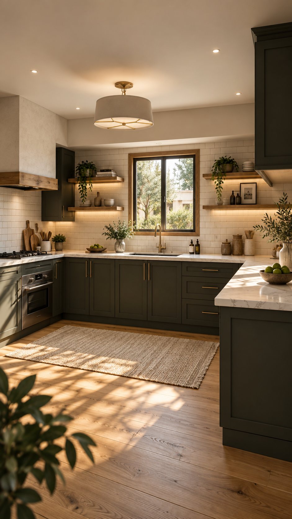 Kitchen with dark cabinets, oak open shelves and a window over the sink in afternoon light