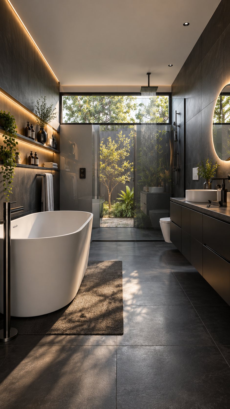 Dark stone bathroom with a freestanding bath, a rain shower and a high window onto a courtyard garden
