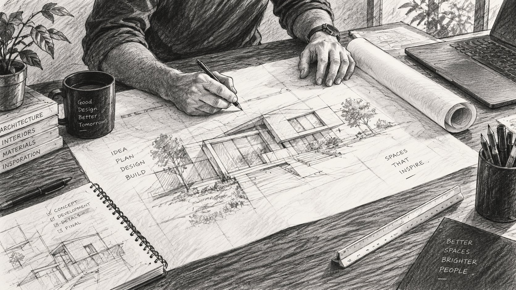 Pencil sketch of an architect’s hands drawing a house at a desk of plans and tools