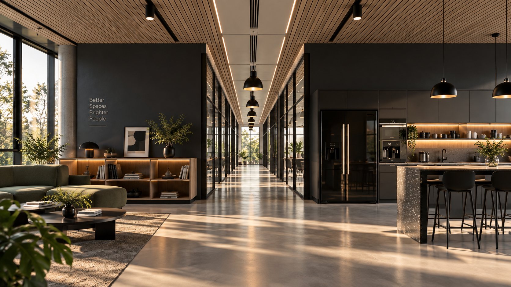Long corridor between glazed rooms under a timber-slat ceiling, with a lounge and a dark kitchen wall on either side