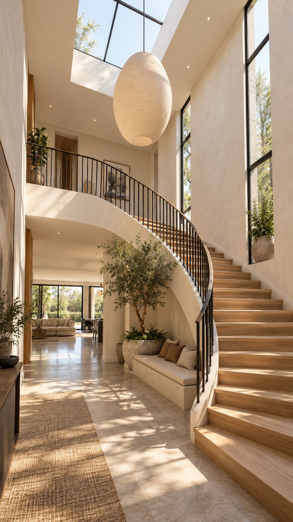 Curving timber staircase rising through a sunlit double-height hall under a paper lantern